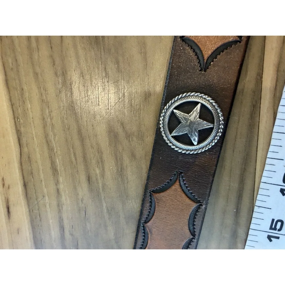 Vintage 1996 Leather Western Belt Brown Silver Tone Star Conchos Tooled 52 In